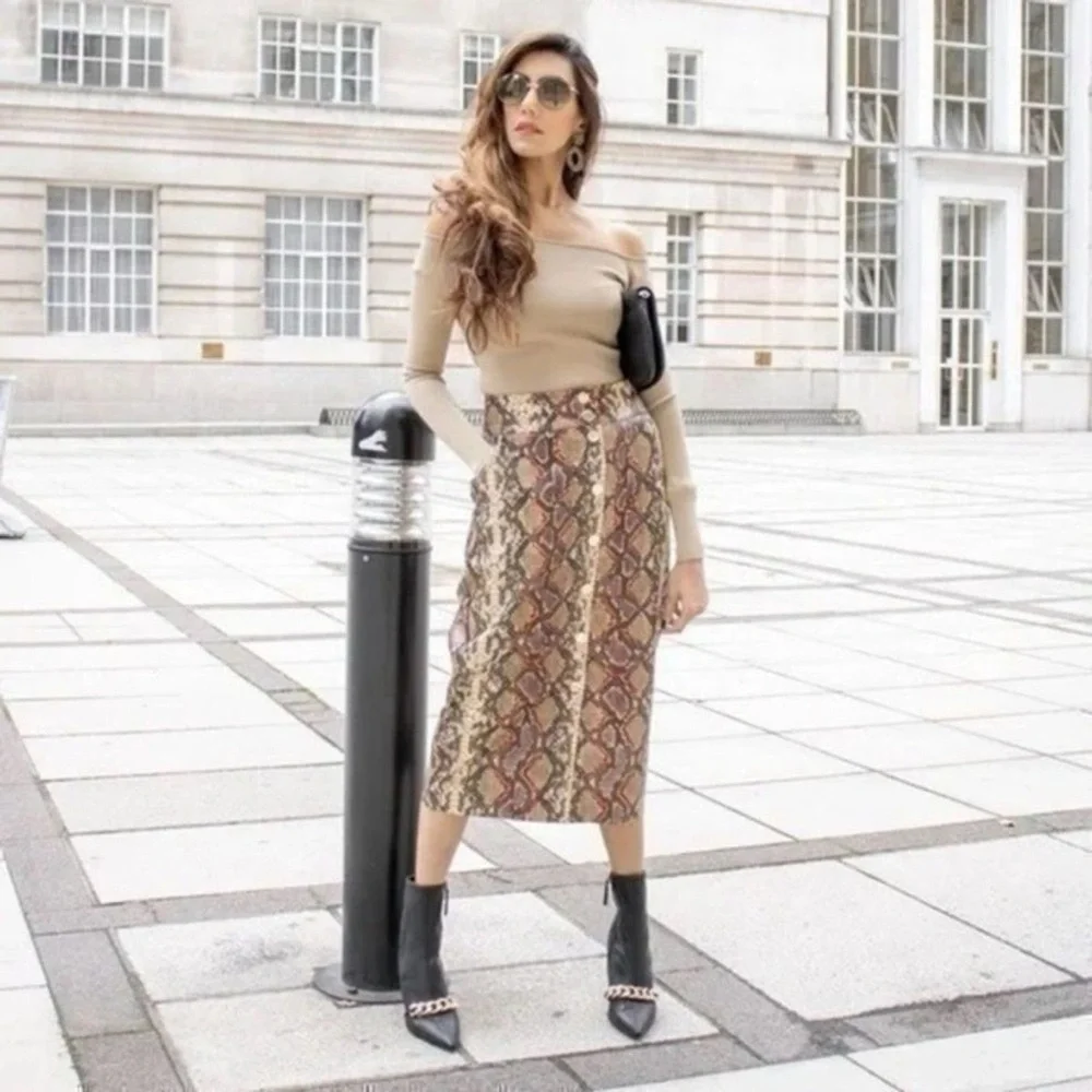 NWT Zara High Waist Snakeskin Print Skirt Orange Brown Midi Size S Office Baddie - Picture 6 of 10